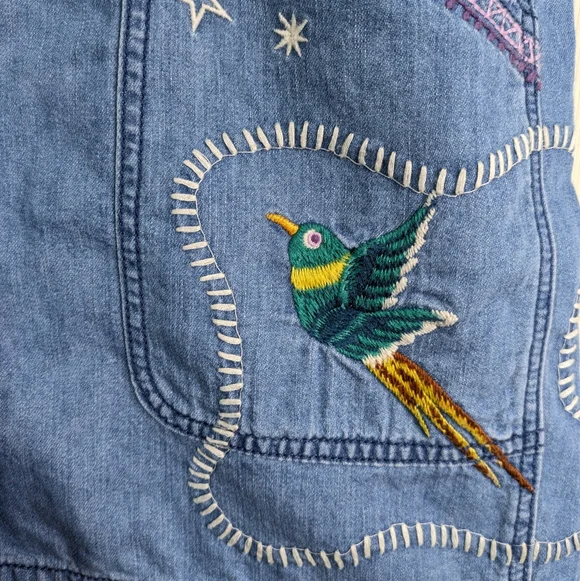 Johnny Was Lyonne Pull On Shorts Large Chambray Embroidered Floral Birds Boho
